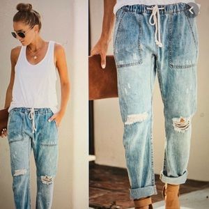 Gather round distressed pocketed denim joggers